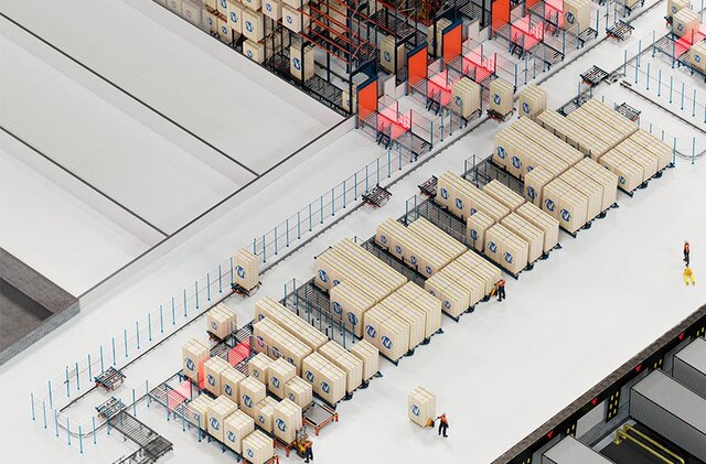 Električni enotirni sistem je sestavljen iz vozičkov na lastni pogon, ki prevažajo palete Električni enotirni sistem je sestavljen iz vozičkov na lastni pogon, ki prevažajo palete